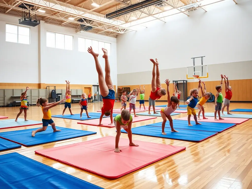 A dynamic image showcasing children engaged in a gymnastics class, focusing on flexibility and coordination, set in a well-equipped gymnasium.