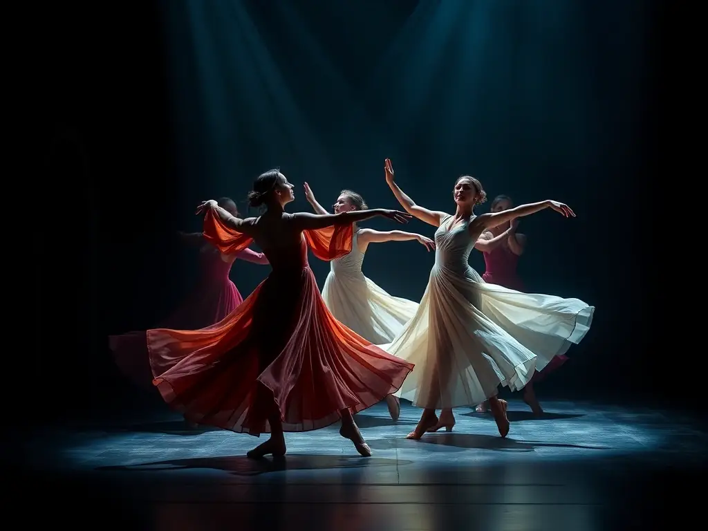 A dynamic image of dancers performing a contemporary routine, emphasizing grace, expression, and artistic interpretation, set on a stage with dramatic lighting.