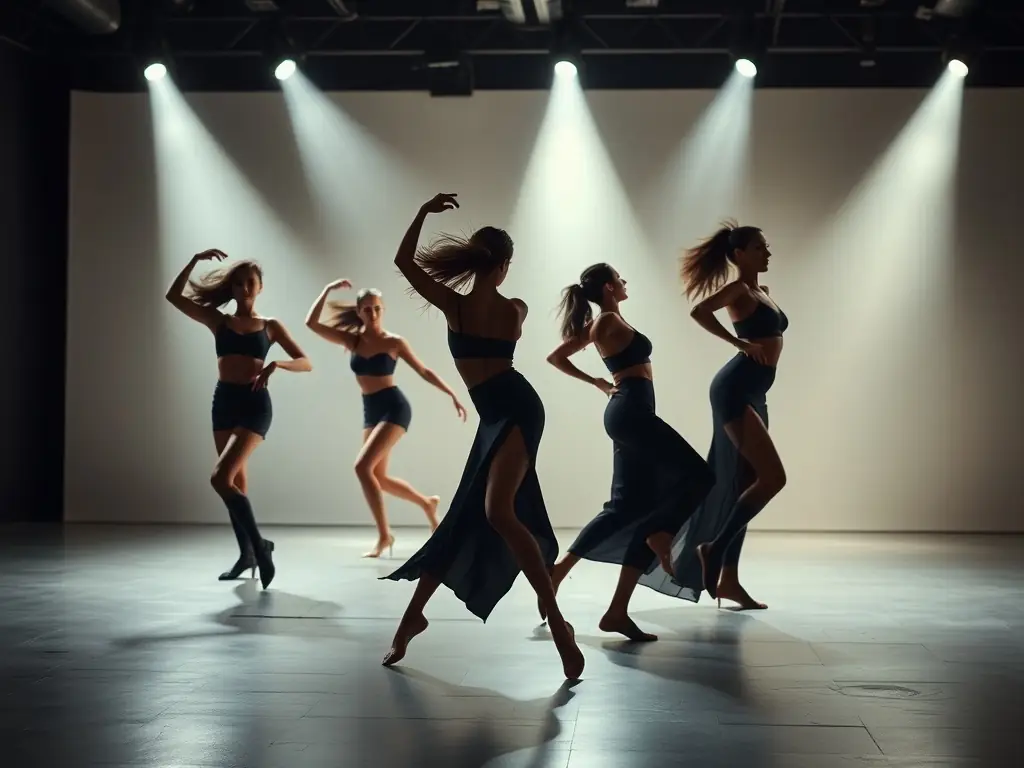 A graceful image of dancers performing a contemporary routine, emphasizing fluidity and expression, set against a minimalist backdrop.