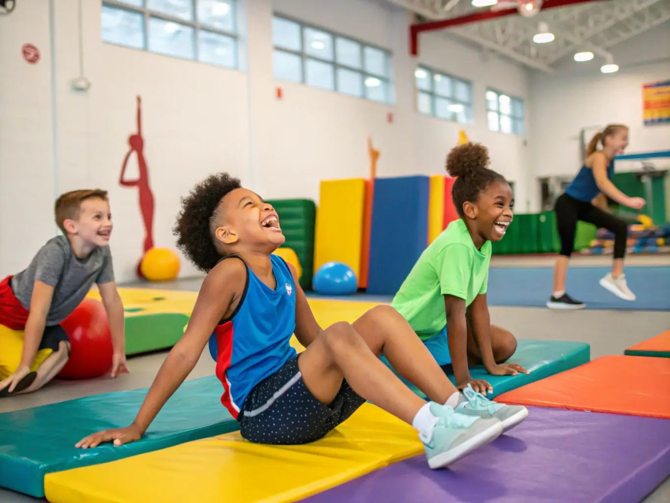 A vibrant photograph capturing children participating in a gymnastics class, showcasing their smiles and active engagement, set against the backdrop of a community center.