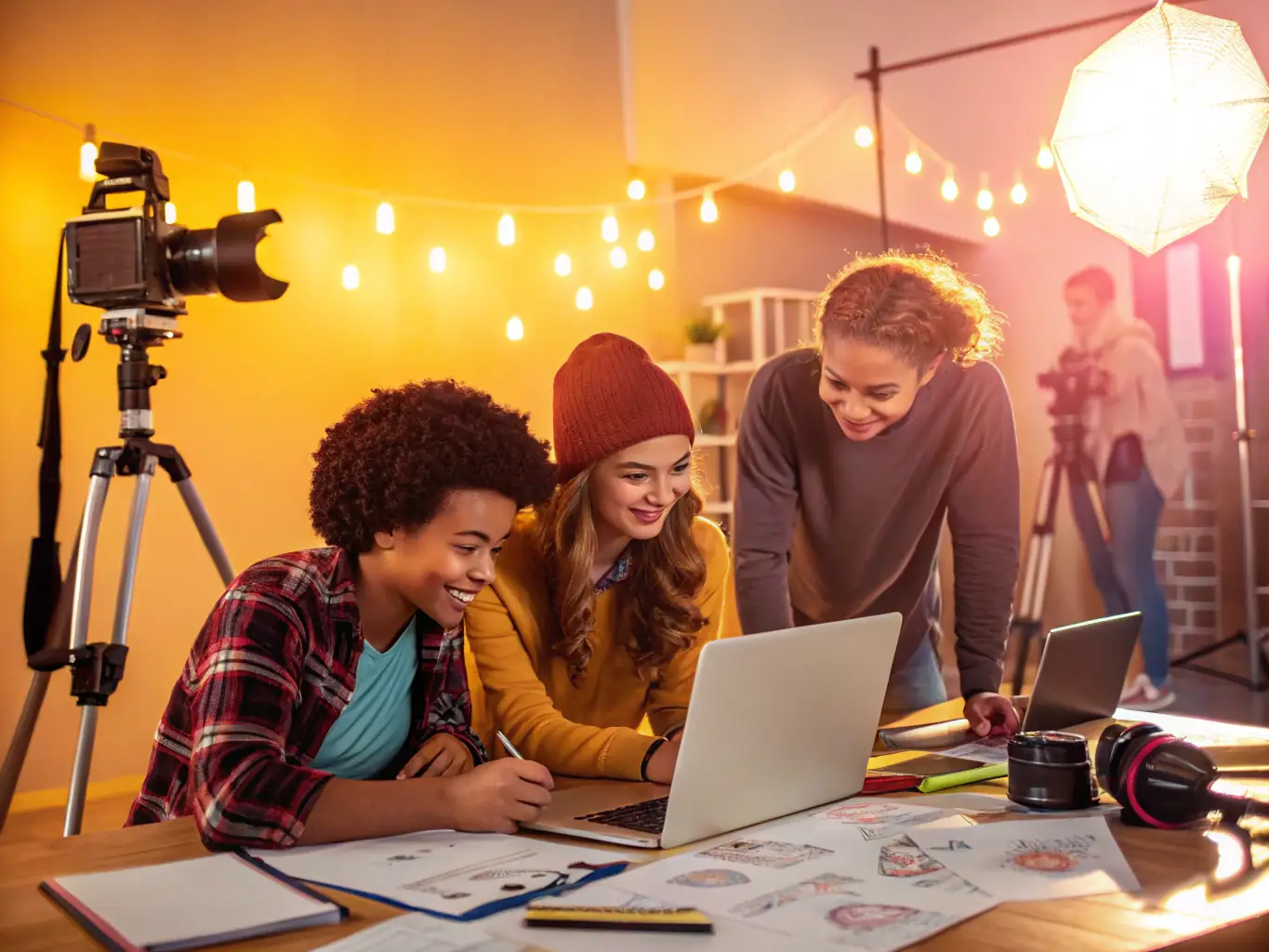A colorful image of participants creating artwork in a workshop, highlighting creativity and collaboration, set in a vibrant studio.