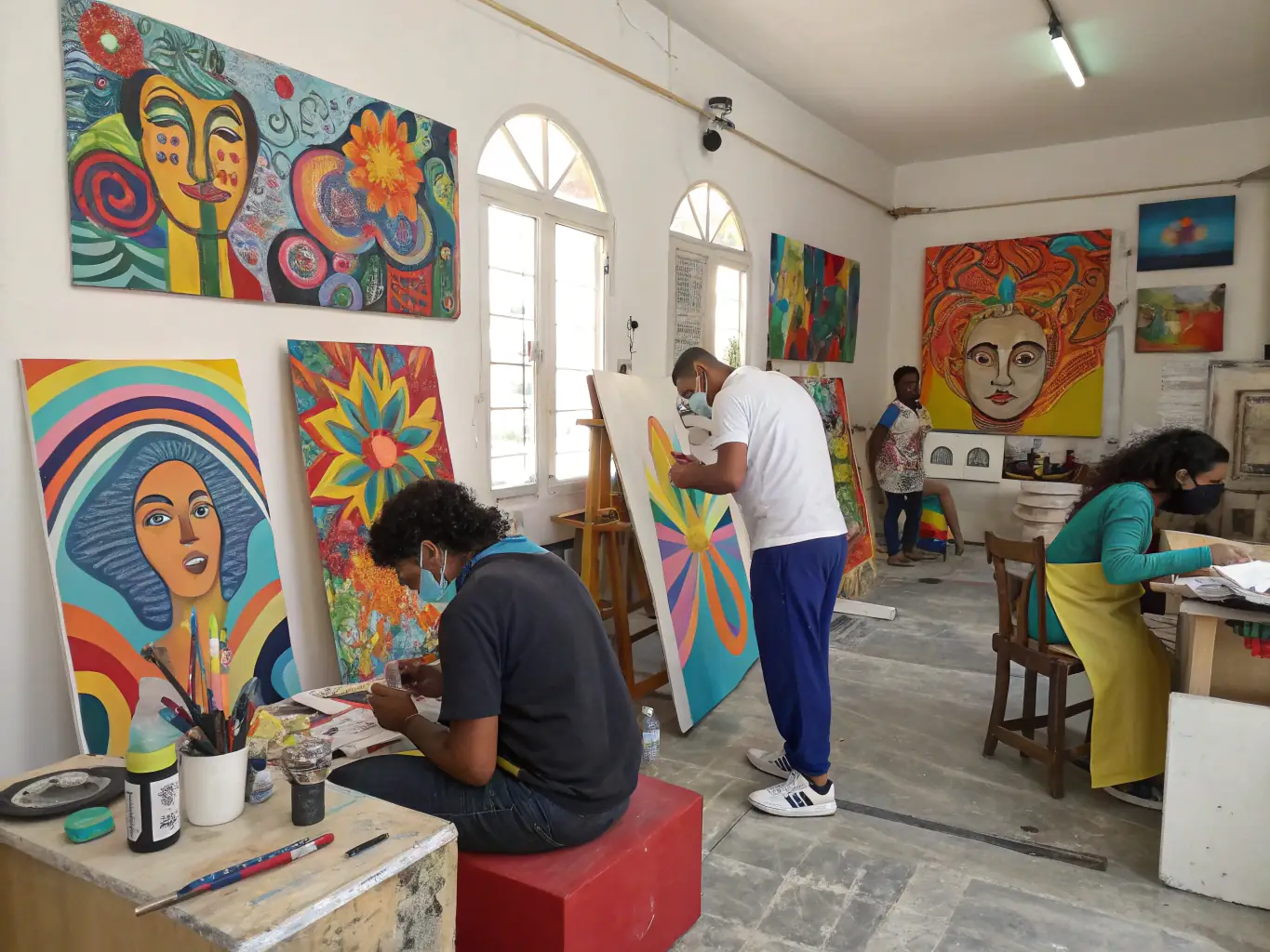 A colorful image of participants creating artwork in a workshop, highlighting creativity, collaboration, and artistic expression, set in a bright and inspiring studio.