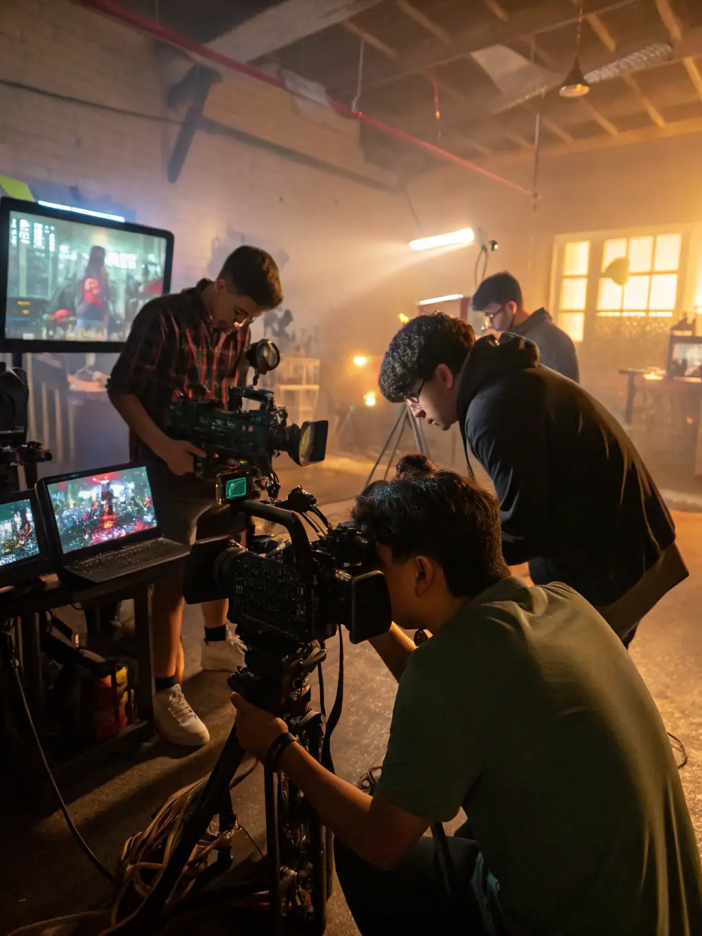 A group of young people are filming and editing a video project in a video workshop, learning technical skills and expressing their creativity through visual storytelling at LES PRESQUE.