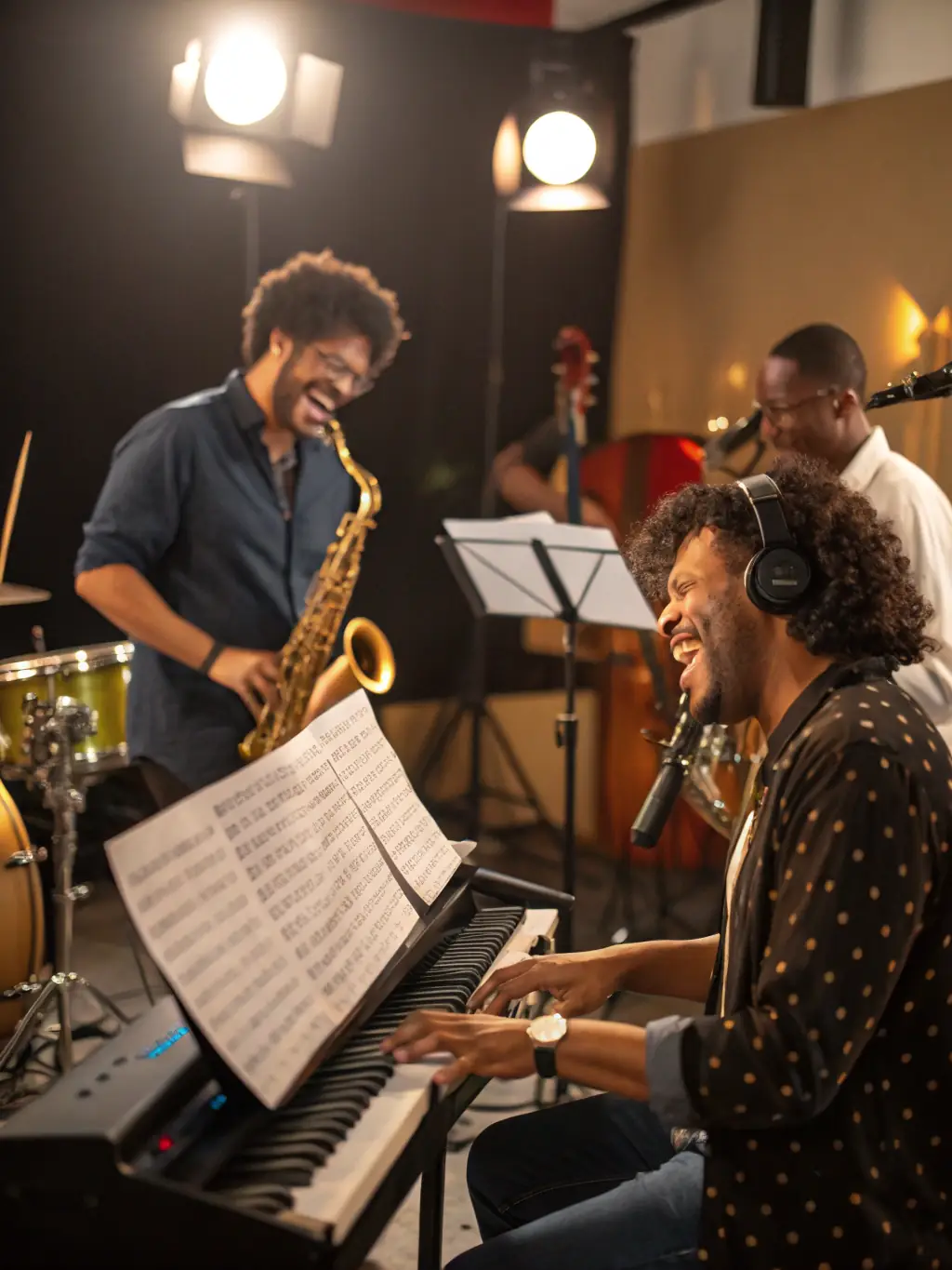 A diverse group of musicians are playing various instruments together in a music workshop, creating a harmonious and joyful atmosphere, reflecting the inclusive and community-focused approach of LES PRESQUE.