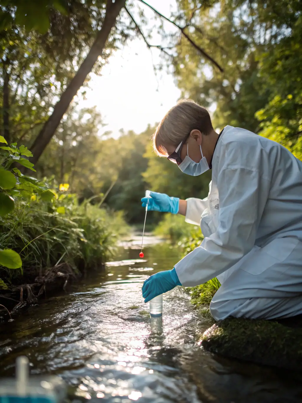 A researcher collecting data on water quality in a local river, highlighting CREN's commitment to scientific research and monitoring.