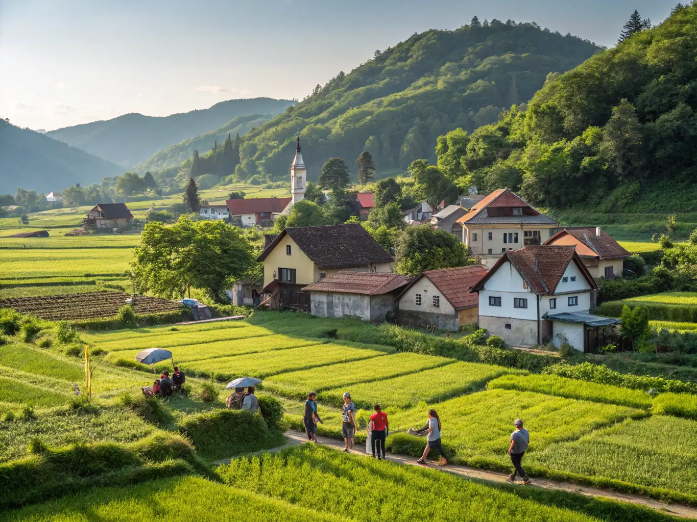 A scenic image of a preserved landscape with traditional agricultural practices, showcasing CREN's efforts to balance human activities with environmental conservation and promote sustainable land management.