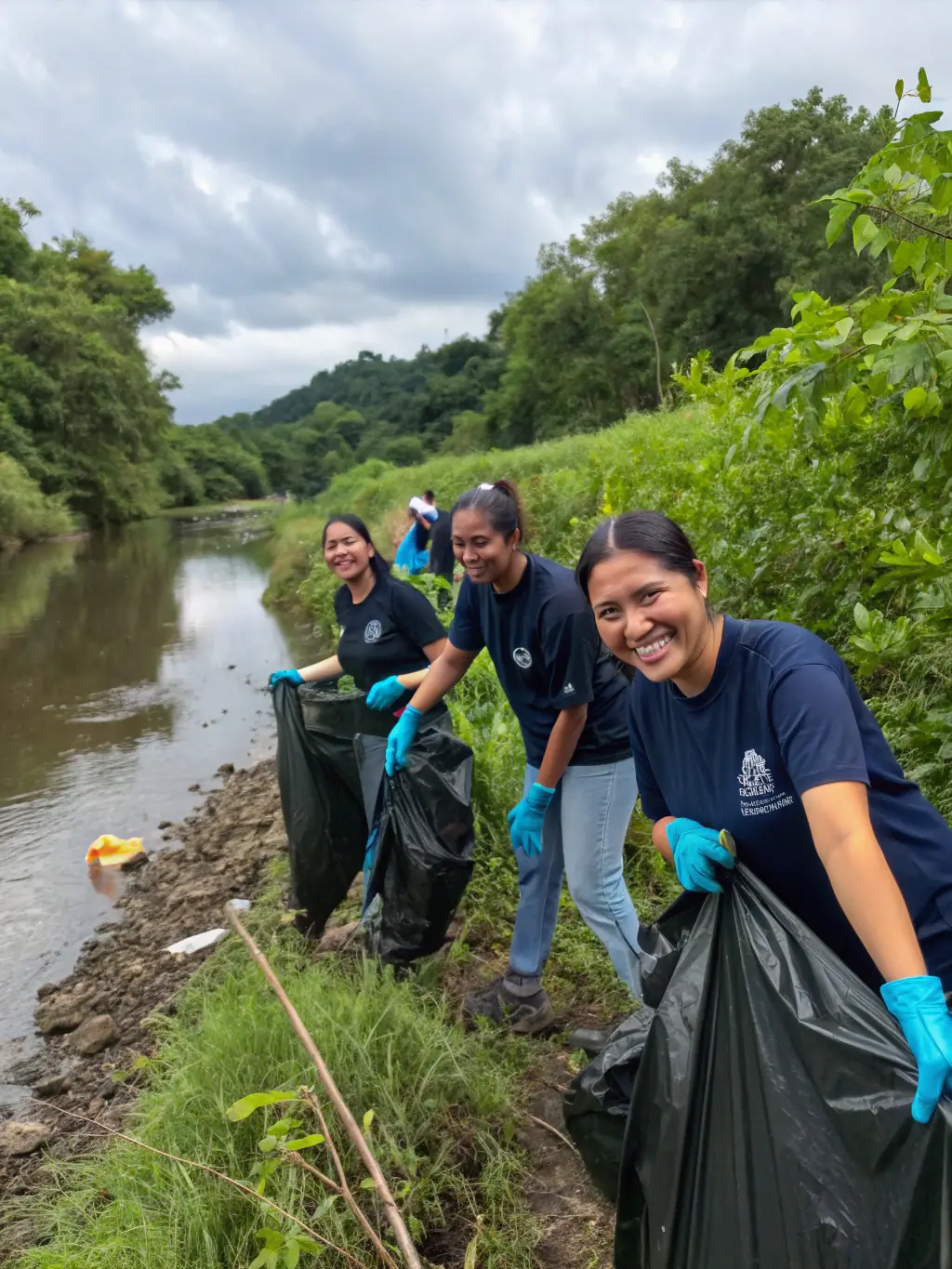 A group of volunteers participating in a river cleanup activity, demonstrating CREN's engagement with local communities.
