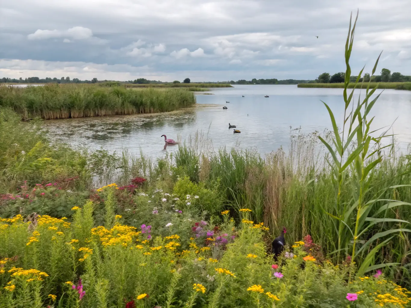 A vibrant image showcasing a restored wetland habitat with diverse plant and animal life, reflecting CREN's commitment to ecological restoration and biodiversity conservation.
